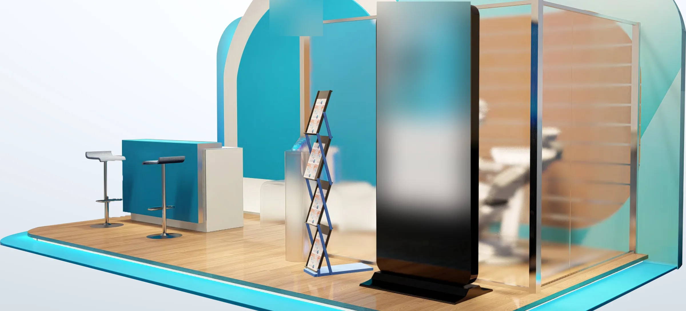 Render of a teal and white booth with a digital screen