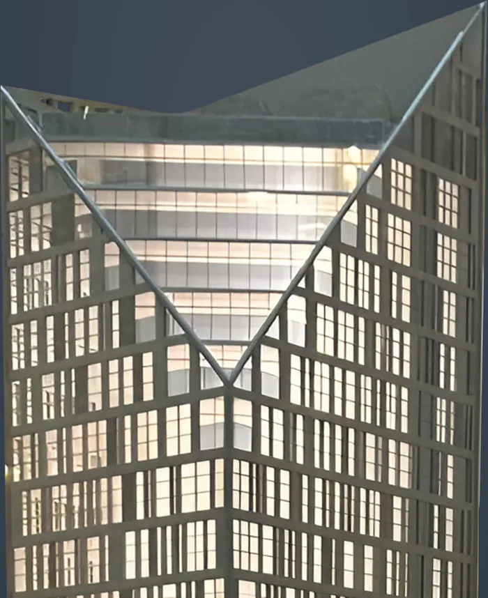Lit scale model of an office tower