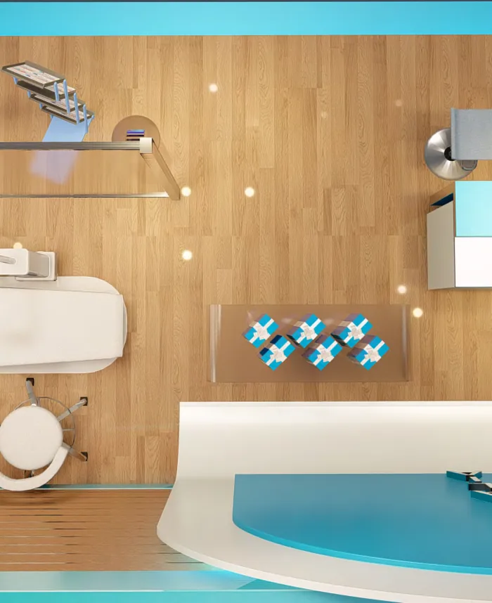 Top-view render of a healthcare exhibition booth