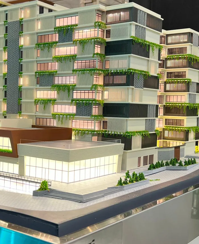 Lit scale model of a mixed-use building