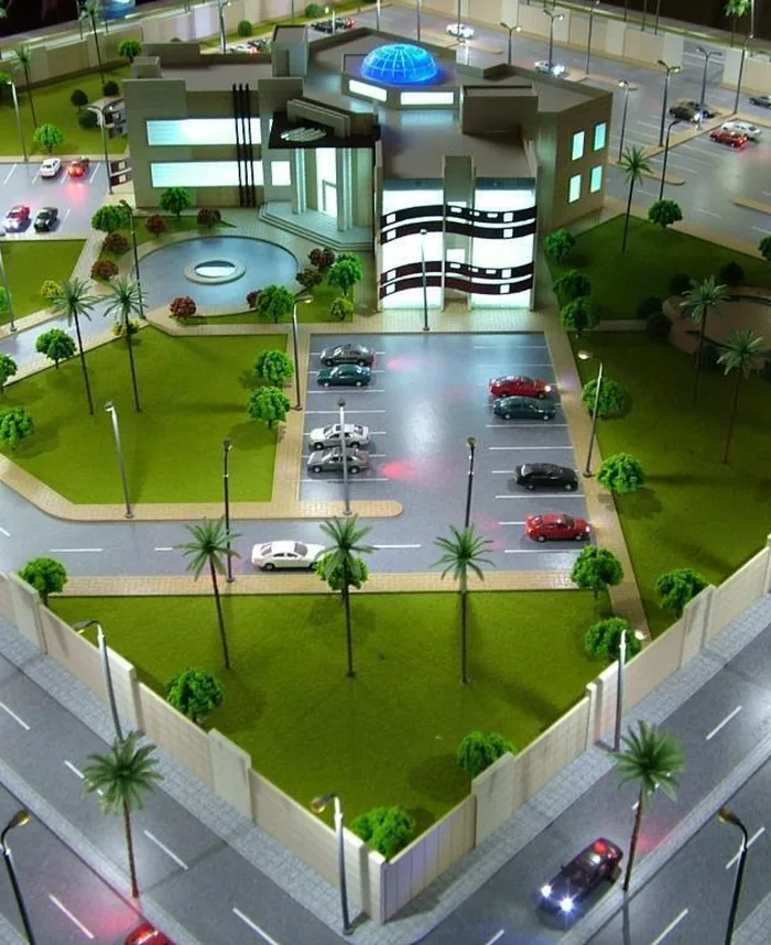 Overhead view of a lit campus master plan model