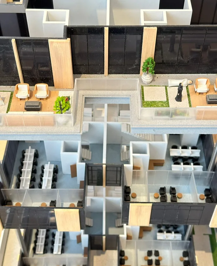 Top view of an office interior layout model