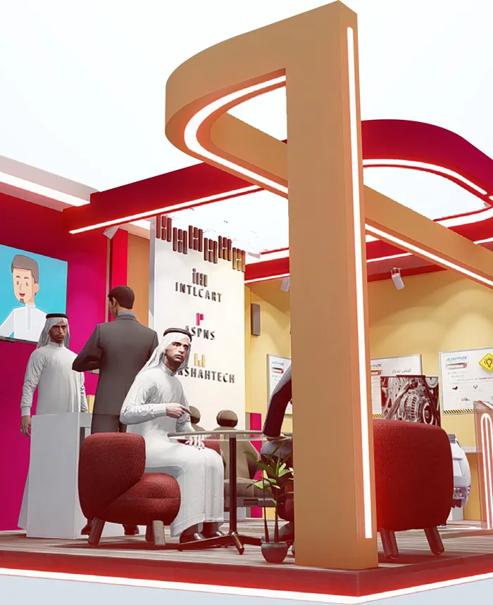Render of a red and white exhibition booth with an arch