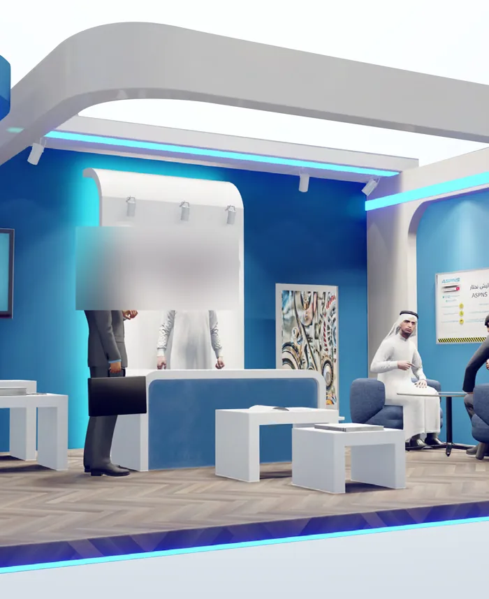 Render of a blue and white exhibition booth with screens