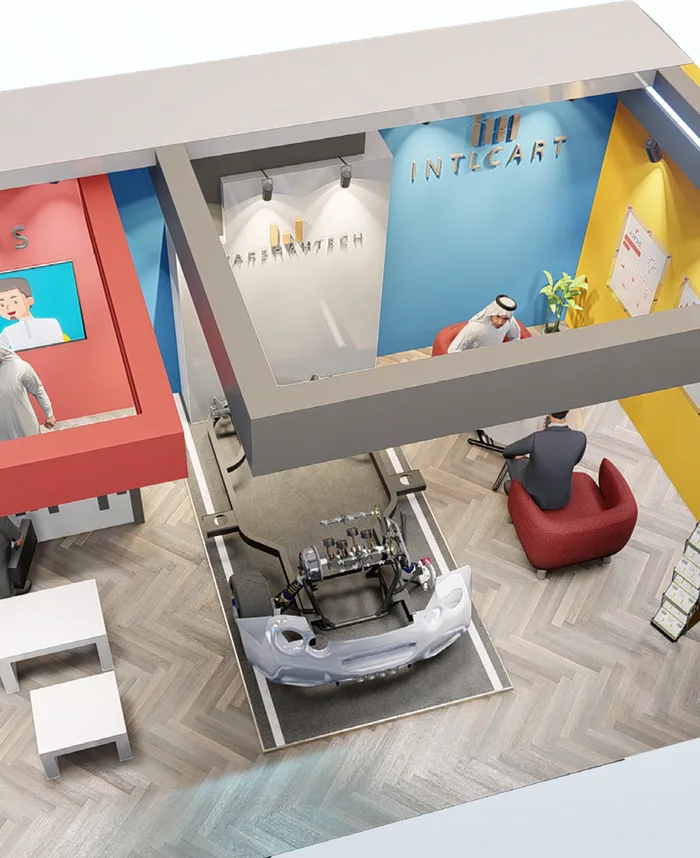 Top-view render of a colourful multi-brand pavilion