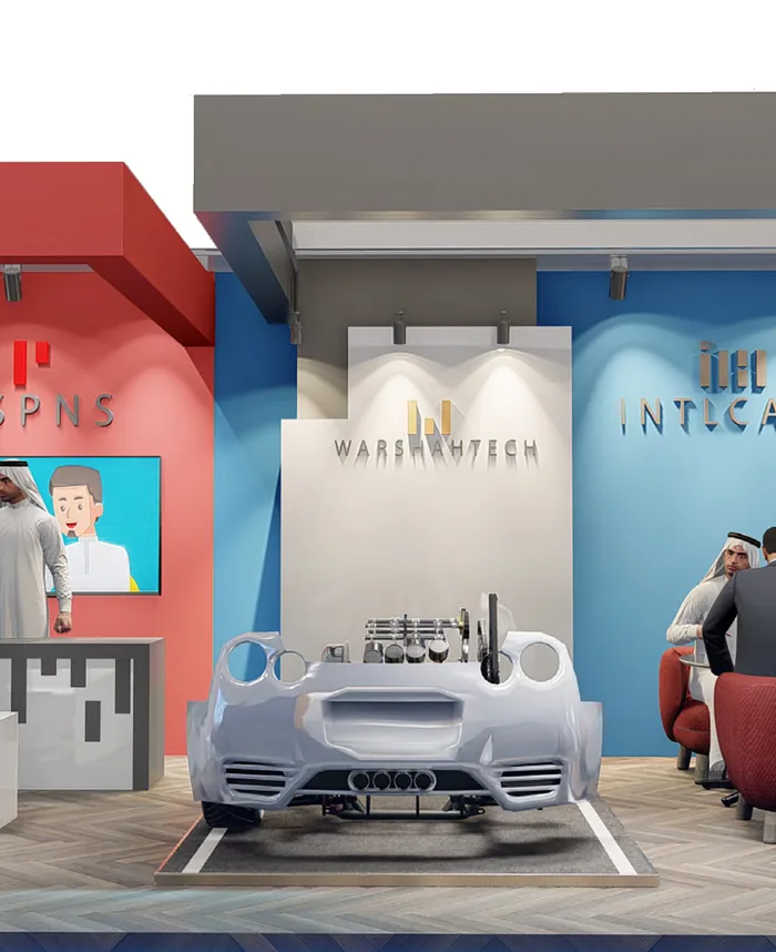 Render of a colourful pavilion shared by several brands