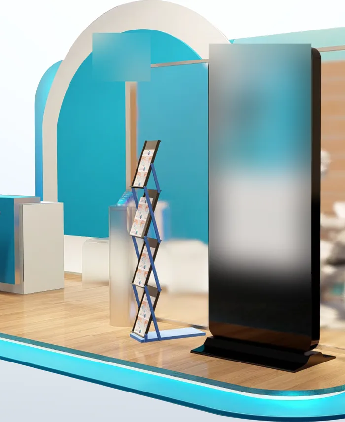 Render of a teal and white booth with a digital screen