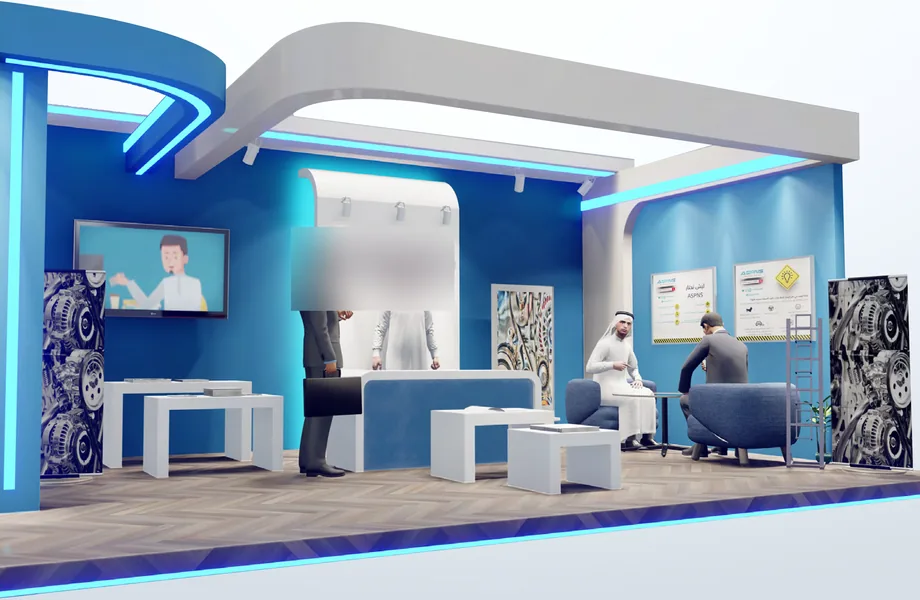 Render of a blue and white exhibition booth with screens