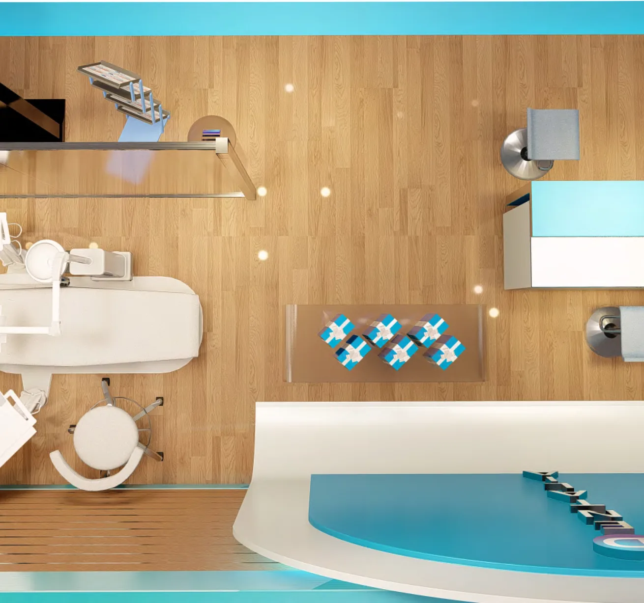 Top-view render of a healthcare exhibition booth