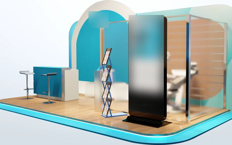 Render of a teal and white booth with a digital screen